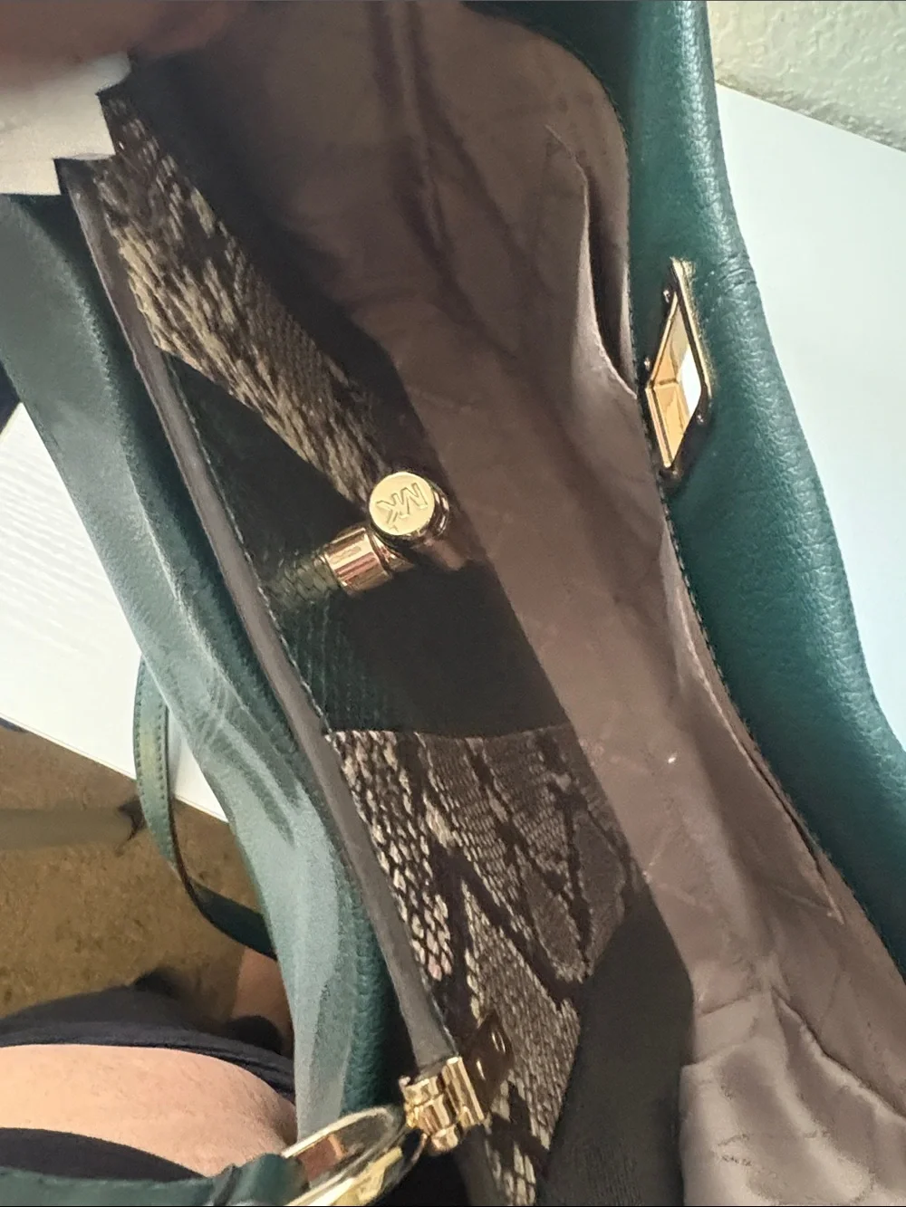 Michael Kors Dark Green Leather Satchel with Gold Hardware